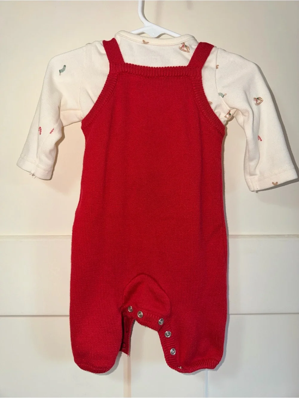Carter's Red Knit Gingerbread Overalls with Cream Printed Top